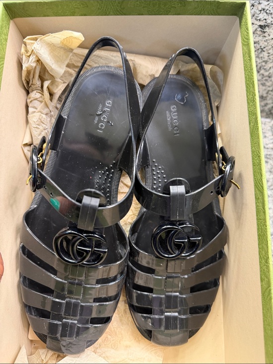 Gucci Shoes - Gucci Black Jelly Woven Slingback Sandals with Interlocking G